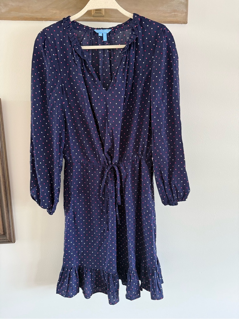 Draper James Navy Dress with Pink Polka Dots and Tie Waist